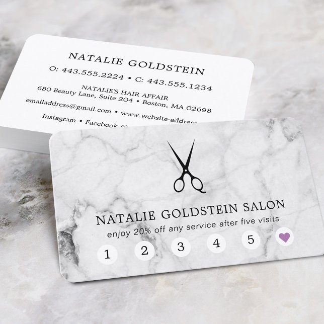 Visite Carte de fidélité de salon de coiffure aux ciseaux (Marble Black & White Scissors Salon Loyalty Card)