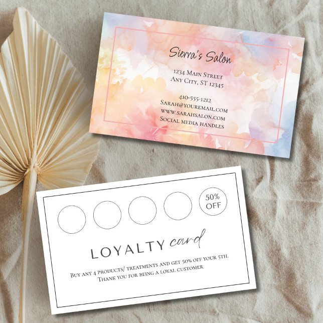 Visite Carte de fidélité de salon de manucure à lavis aqu (Pink Yellow watercolor wash Hair Salon, Nail Salon, Spa Business Loyalty card)