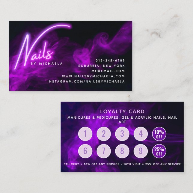 Visite Carte de fidélité du salon de manucure Purple Neon (Devant / Derrière)