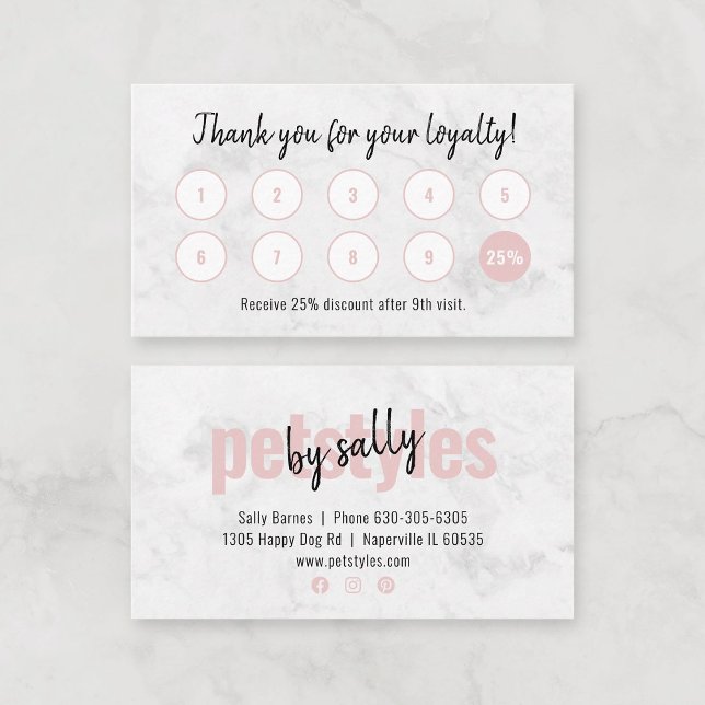 Visite Carte de fidélité moderne Animaux de compagnie Gro (Modern professional pink loyalty card template with elegant gray marbled background.)