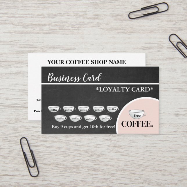 Visite Carte de fidélité moderne Black Chalkboard Café Cu (Devant/Arrière en situation)