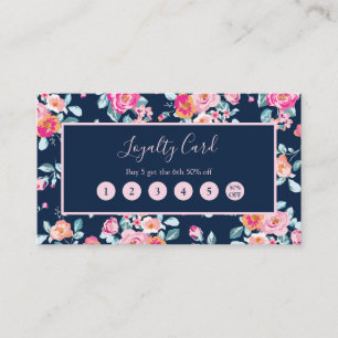 Visite Carte de fidélité Punch Fleurs roses sur fond bleu
