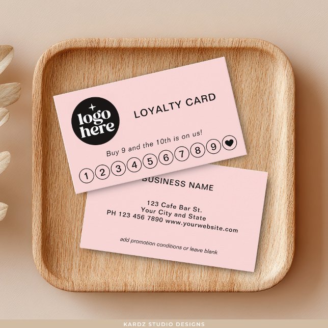 Visite Carte de Fidélité Récompense avec Logo Rose Pâle P (Customize rewards card with logo, name, contact and promotion details.)