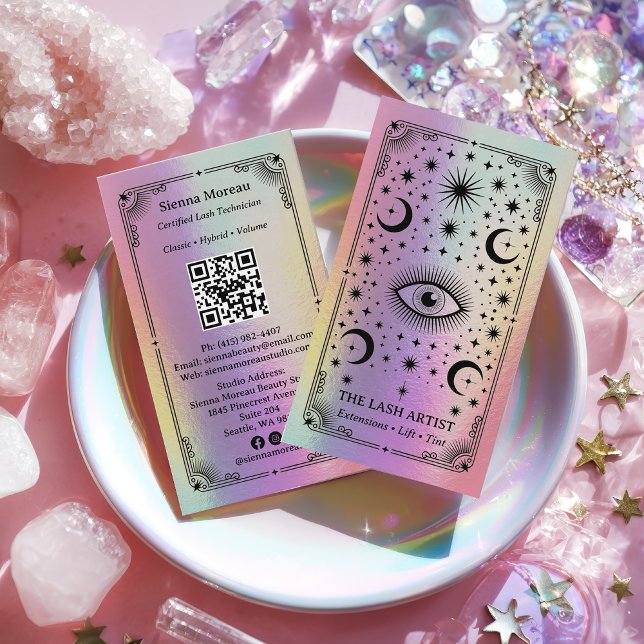 Visite Carte de lash artist Tarot Céleste Rétro Holograph (Holographic Retro Celestial Tarot Lash Artist QR Business Card)