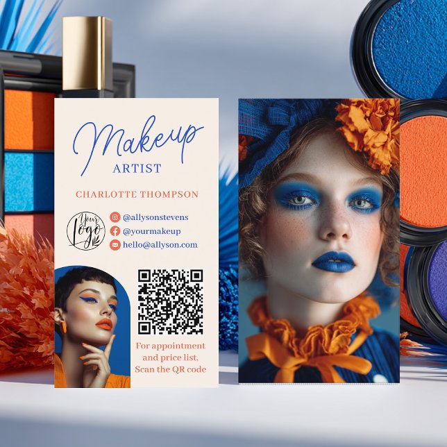 Visite Carte de maquilleur Retro Blue Orange 2 Photos Cod (Retro Blue Orange Makeup Artist 2 Photos Qr Code Business Card)