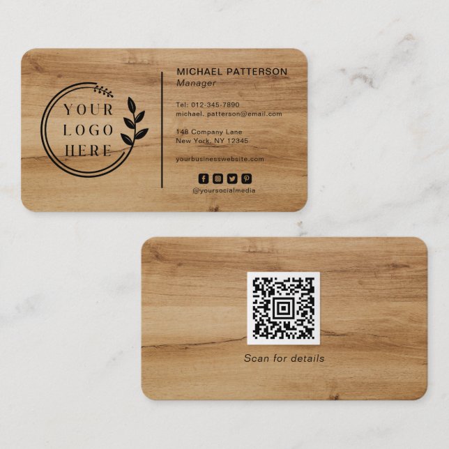 Visite Carte de menuiserie avec logo en bois et QR code p (Devant / Derrière)