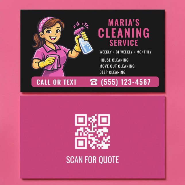 Visite Carte de nettoyage de maison rose noir Code QR (Créateur téléchargé)