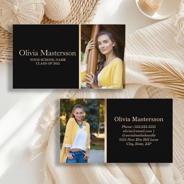 Visite Carte de nom de diplômé Photo Black Gold 2  (Black and gold high school or college graduation photo calling cards/business cards/insert cards)