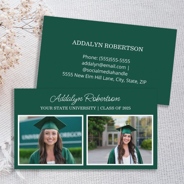 Visite Carte de nom du diplômé Green White 2 Photo (Green and white 2-photo graduate business card)