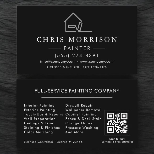 Visite Carte de Peintre de Maison Noir Argent QR Code (Créateur téléchargé)