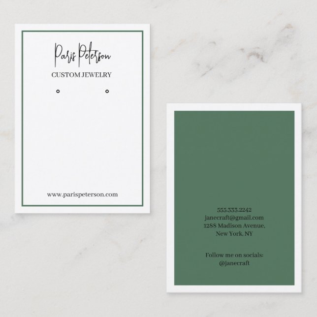 Visite Carte de présentation de bijoux modernes vert oliv (Devant / Derrière)
