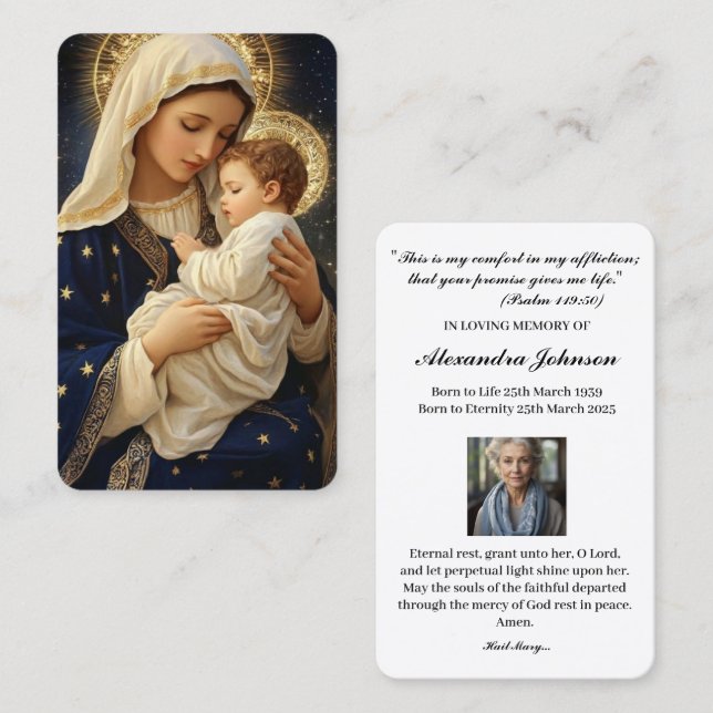 Visite Carte de prière catholique religieuse Vierge Marie (Devant / Derrière)