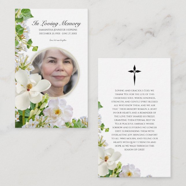 Visite Carte de prière commémorative avec fleurs blanches (Devant / Derrière)