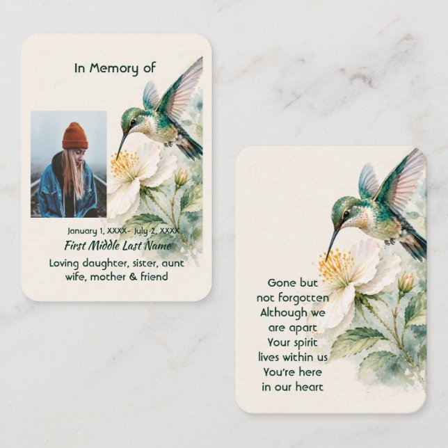 Visite Carte de prière commémorative Colibri Fleurs blanc (Devant / Derrière)
