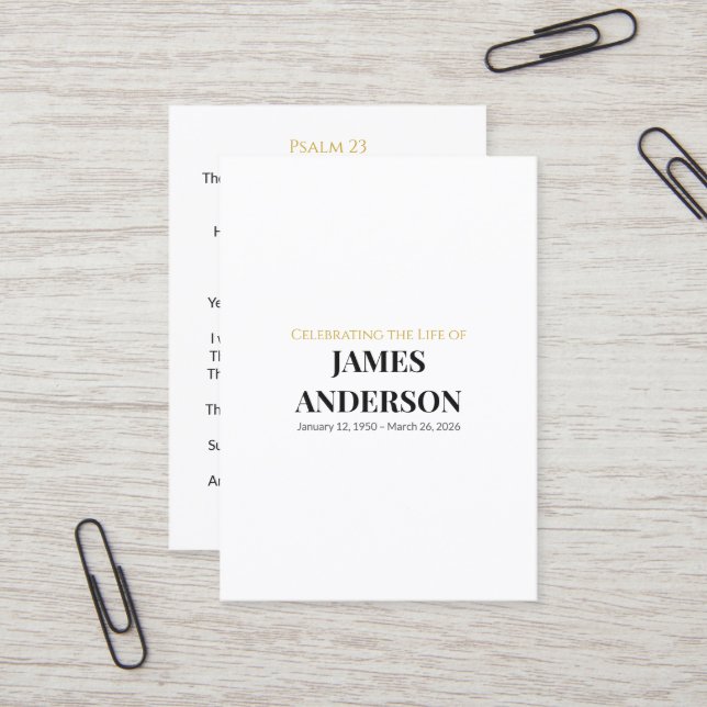 Visite Carte de prière commémorative simple blanche (Devant/Arrière en situation)