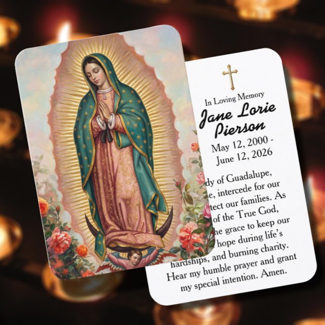 Visite Carte de prière de Notre-Dame de Guadalupe (Celebrate faith and remembrance with a personalized Our Lady of Guadalupe prayer card.)
