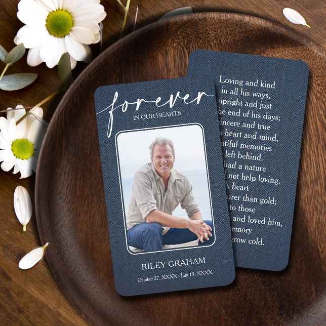 Visite Carte de prière de sympathie simple pour photo de  (Simple funeral photo memorial prayer cards printed on denim pattern,  poem or prayer on the back)