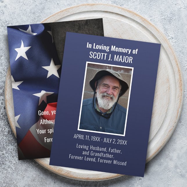 Visite Carte de prière funéraire avec drapeau (Flag Funeral Memorial Photo Blue Prayer Card)