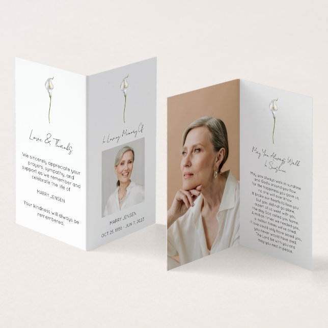 Visite Carte de prière funéraire avec photo de calla lily (Intérieur et extérieur)