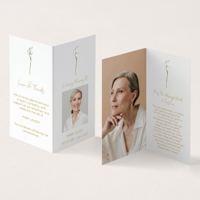 Visite Carte de prière funéraire avec photo de calla lily (Intérieur et extérieur)
