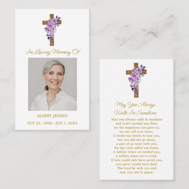 Visite Carte de prière funéraire avec photo de fleur viol (Devant / Derrière)