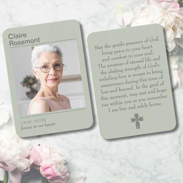 Visite Carte de prière funéraire croix vert sauge moderne (Modern Sage Green Cross Funeral Prayer Card
)