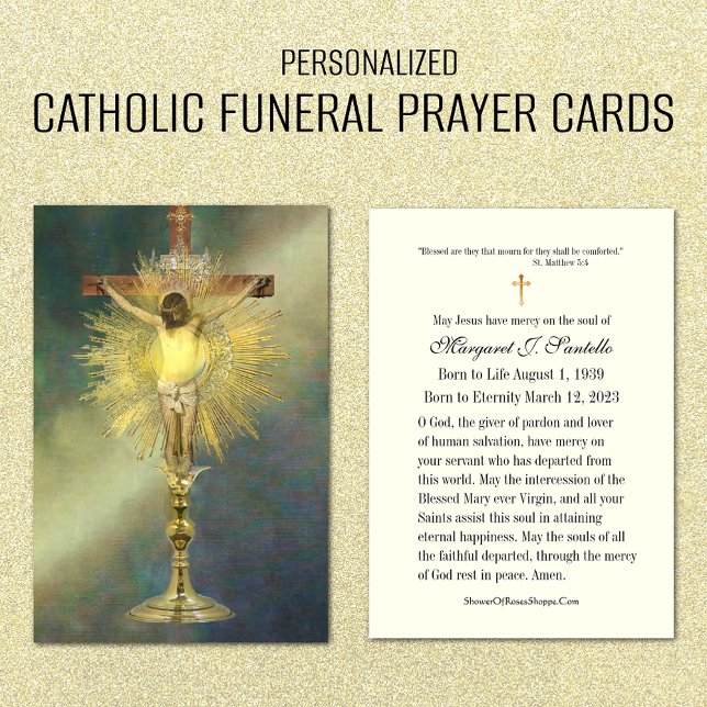 Visite Carte de prière funéraire du Mémorial de Jésus cat (Traditional Catholic Funeral Memorial Prayer Card with Jesus Crucified on Cross)