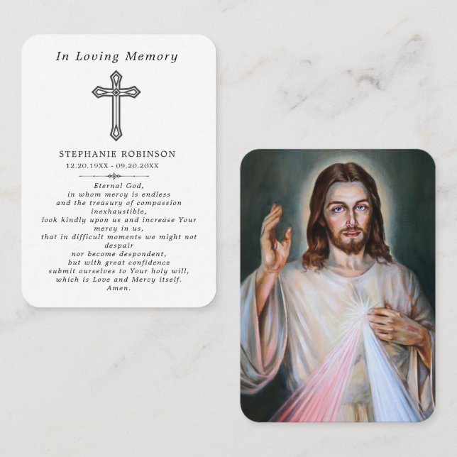 Visite Carte de prière funéraire Jésus de la Miséricorde  (Devant / Derrière)