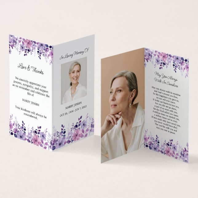 Visite Carte de prière funéraire photo de fleur violette  (Intérieur et extérieur)