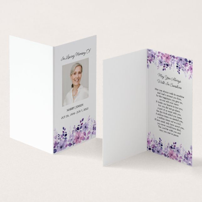 Visite Carte de prière funéraire photo de fleur violette  (Intérieur et extérieur)