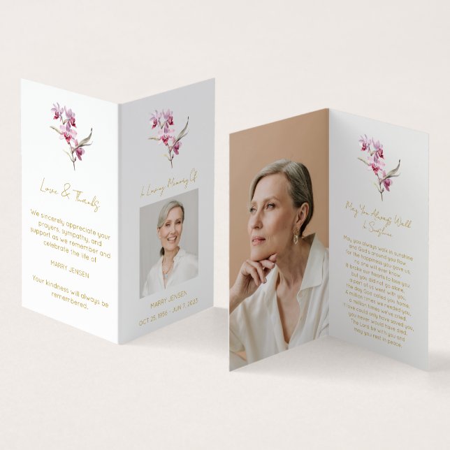 Visite Carte de prière funéraire photo d'orchidée pliée (Intérieur et extérieur)
