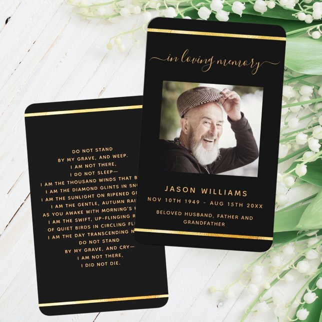 Visite Carte de prière funéraire photo élégante or noir (Créateur téléchargé)