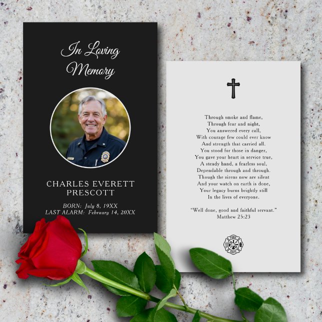Visite Carte de prière funéraire pour pompier en noir (Personalized firefighter memorial card with photo, poem, and scripture.)