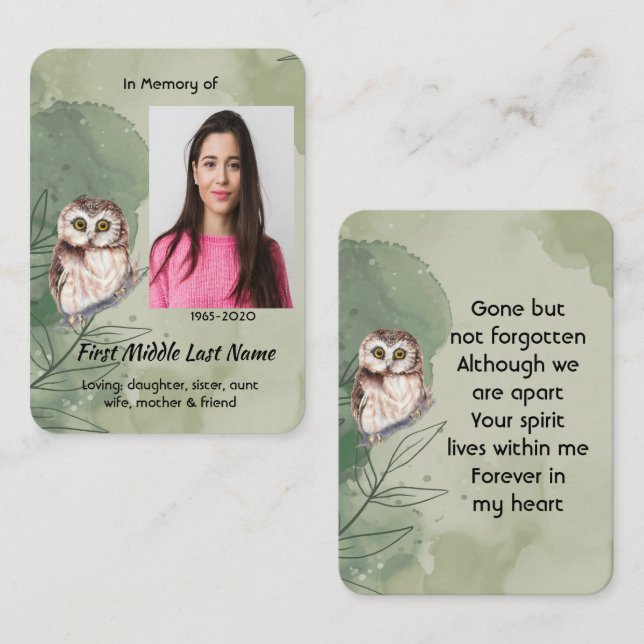 Visite Carte de prière Mémorial Cadeau Chouette oiseau mi (Devant / Derrière)