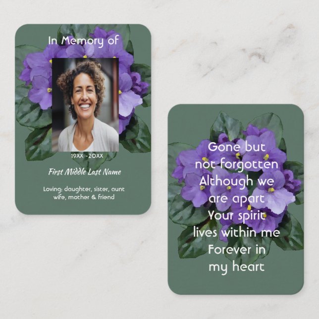 Visite Carte de prière Mémorial Cadeau Souvenir Violette  (Devant / Derrière)