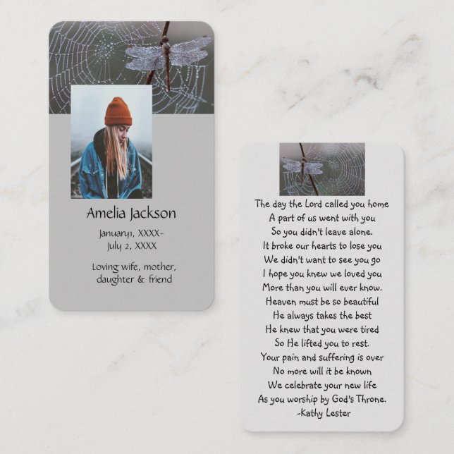 Visite Carte de prière Memorial Dragonfly Dewdrops (Devant / Derrière)