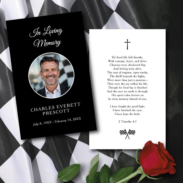 Visite Carte de prière mémorielle à damier de course (Crossed checkered flags racing tribute design. Editable poem and scripture included.)