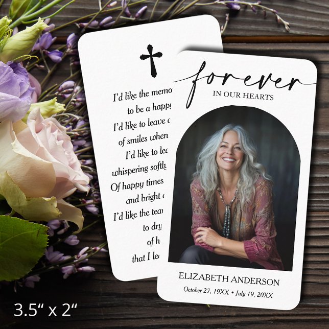 Visite Carte de prière mémorielle de deuil moderne avec p (Forever in our Hearts funeral memorial photo prayer cards - bookmarks, default size 3.5" x 2" )