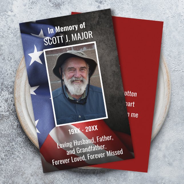 Visite Carte de prière mémorielle funéraire avec drapeau  (USA Flag Funeral Memorial Prayer Photo Card)