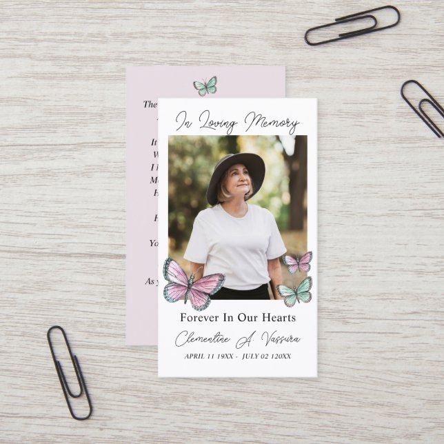 Visite Carte de prière mémorielle funéraire papillon Phot (Devant/Arrière en situation)