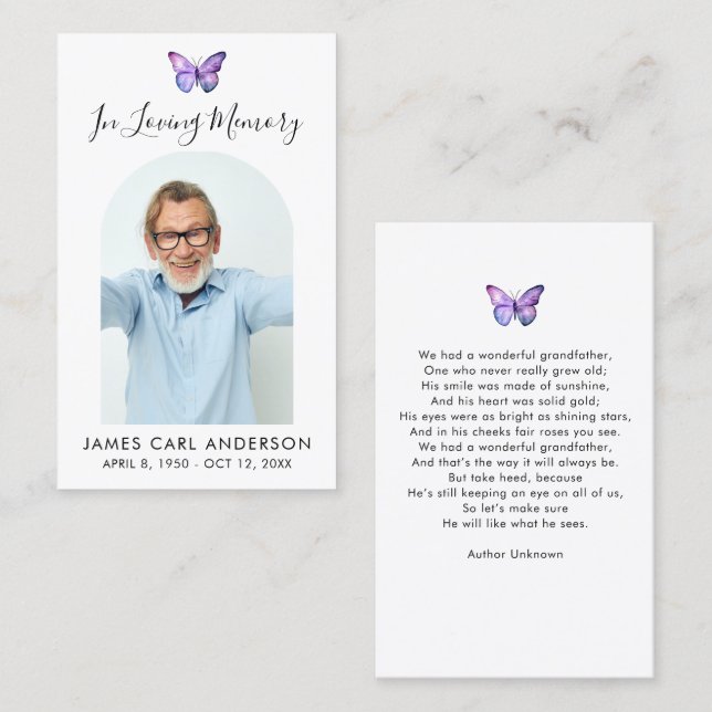 Visite Carte de prière mémorielle simple papillon avec ar (Devant / Derrière)