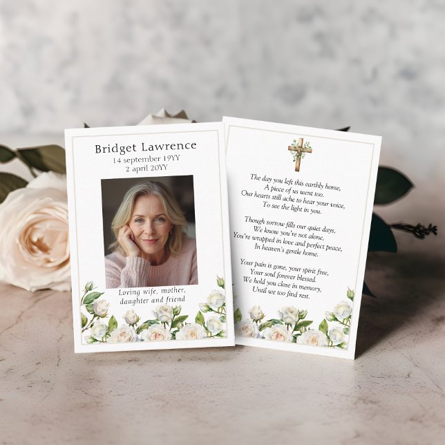 Visite Carte de prière photo mémorielle Roses blanches (Créateur téléchargé)