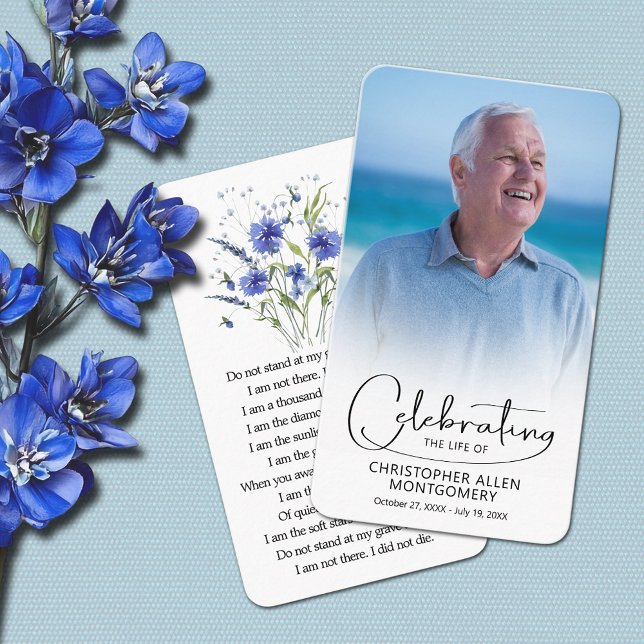 Visite Carte de prière photo pour célébrer la vie (Celebration of life photo prayer cards, blue flowers on the back with a poem or prayer 3.5" x 2")