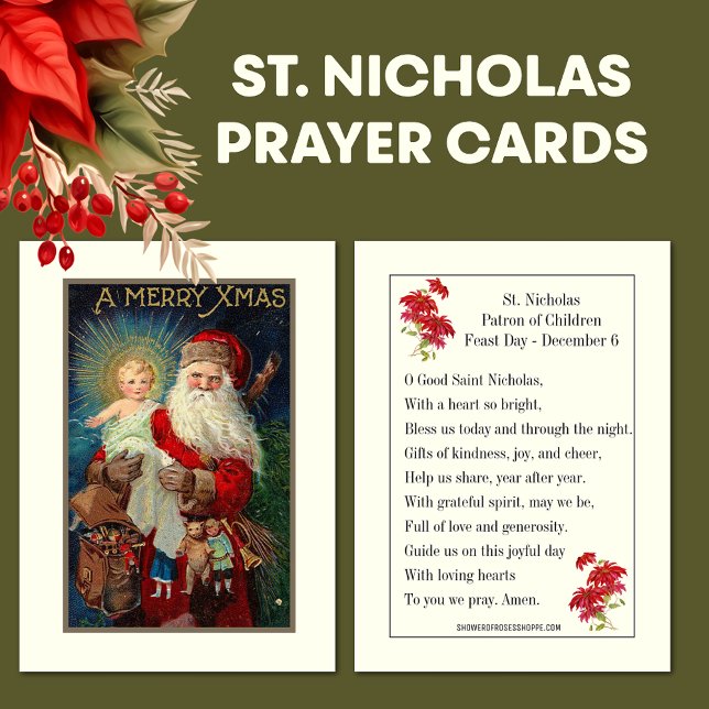Visite Carte de prière Vintage St. Nicholas Jesus (Beautiful St. Nicholas as Santa Claus holding Jesus with prayer to St. Nicholas on back)
