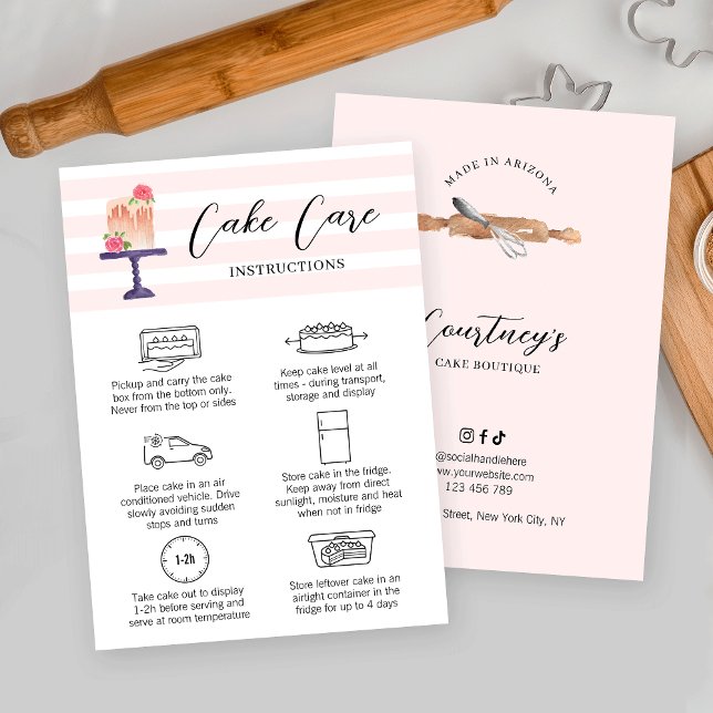 Visite Carte de prise en charge de gâteau pour femme Blus (Elegant cake care instructions cards with bakery watercolor art & cake care icons)