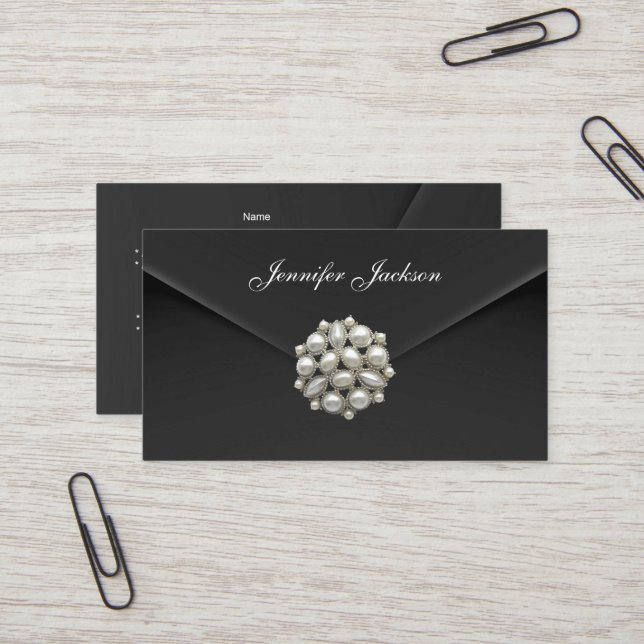 Visite Carte de profil Affaires Noir Velours Perle Bijou (Devant/Arrière en situation)