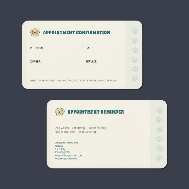 Visite Carte de rappel de rendez-vous pour animaux de com (Paw - Pet Appointment Reminder Card)