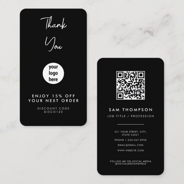 Visite Carte de réduction noire Logo d'entreprise Merci (Devant / Derrière)