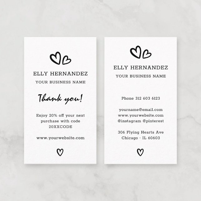 Visite Carte de réduction verticale Merci noir Heart Logo (Simple Black and White Modern Script Heart Logo Black Thank You Vertical Discount Card.)