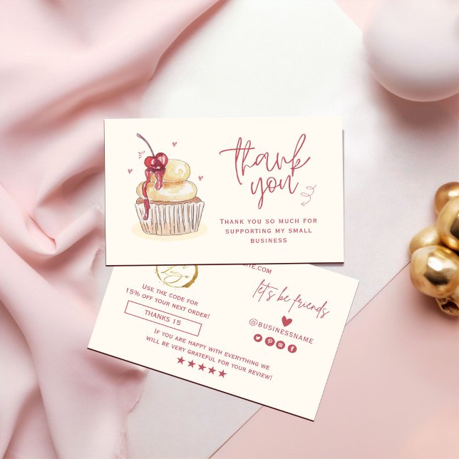 Visite Carte de remerciement Cupcake à l'aquarelle (Watercolor Cupcake Thank You Card #holidaycard #cupcakethankyoucard #valentineday #christmas #chic)